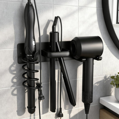 Hair Dryer Holder Wall Mounted Blow Dryer Holder Curling Iron Holder Straightener Holder 3 in 1 Bathroom Metal Hair Tool Organizer Rack（Matte Black）