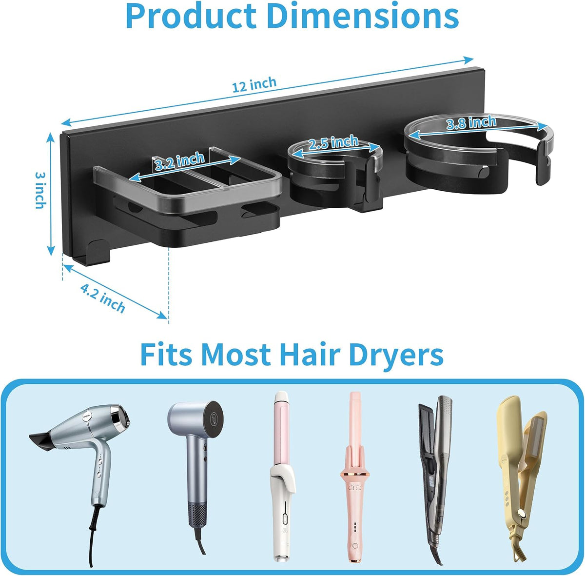 BOIVSHI Hair Dryer Holder Wall Mounted, Self-Adhesive or Drill Mount