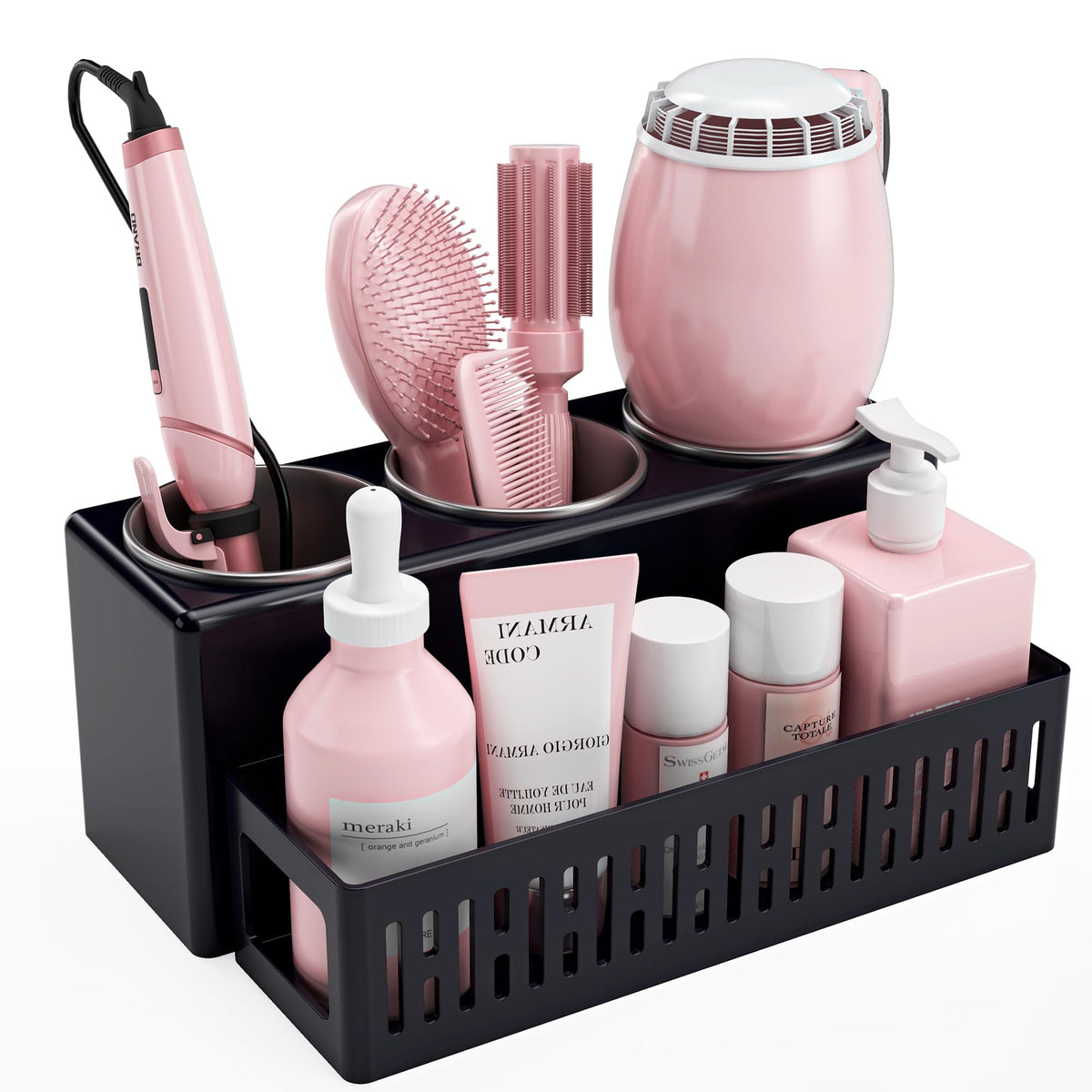 Hair Tool Organizer, Detachable Hair Dryer Holder with 3 Stainless Steel Cups, Wall Mounted Bathroom Organizers and Storage for Accessories, Curling Irons, Straighteners, Toiletries, Makeup