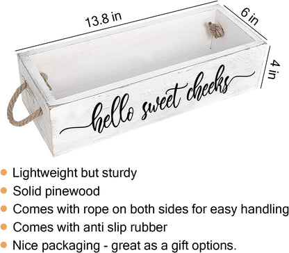 PZJIEAN Funny 2 Sides Hello Sweet Cheeks White Bathroom Decor Box with Handle, Farmhouse Bathroom Decor Box for Toilet Paper, Back of Toilet Organizer