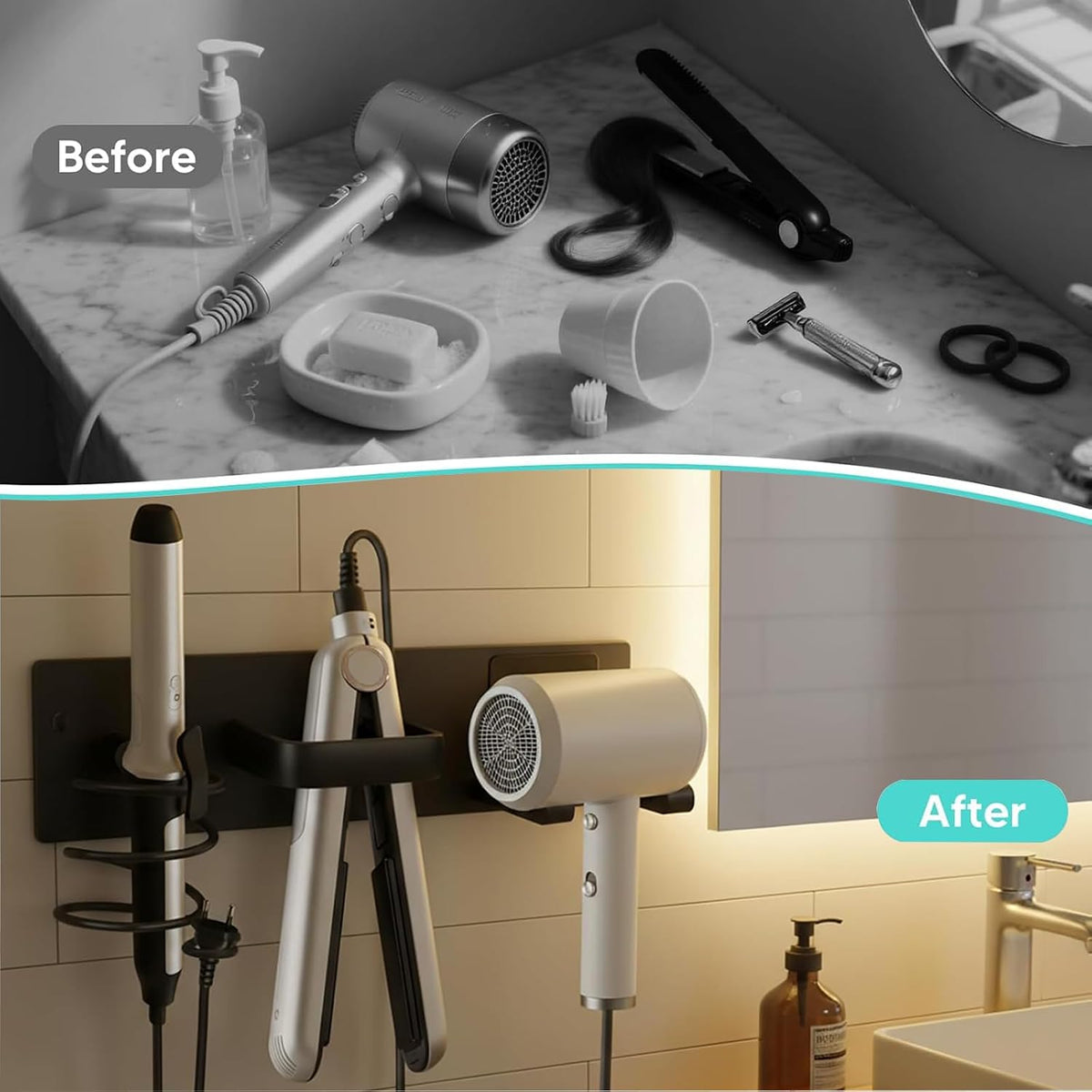 3-in-1 Aluminum Hair Dryer Holder, Matte Black Styling Tools Rack
