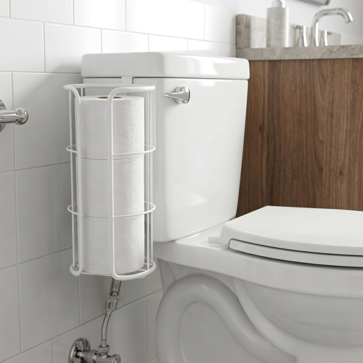 BROOKSTONE Over the Toilet Paper Holder Reserve - Toilet Paper Holder with Storage, Bathroom Toilet Paper Organizer, Metal Toilet Paper Roll Holder Fits Any Size Rolls - Matte White