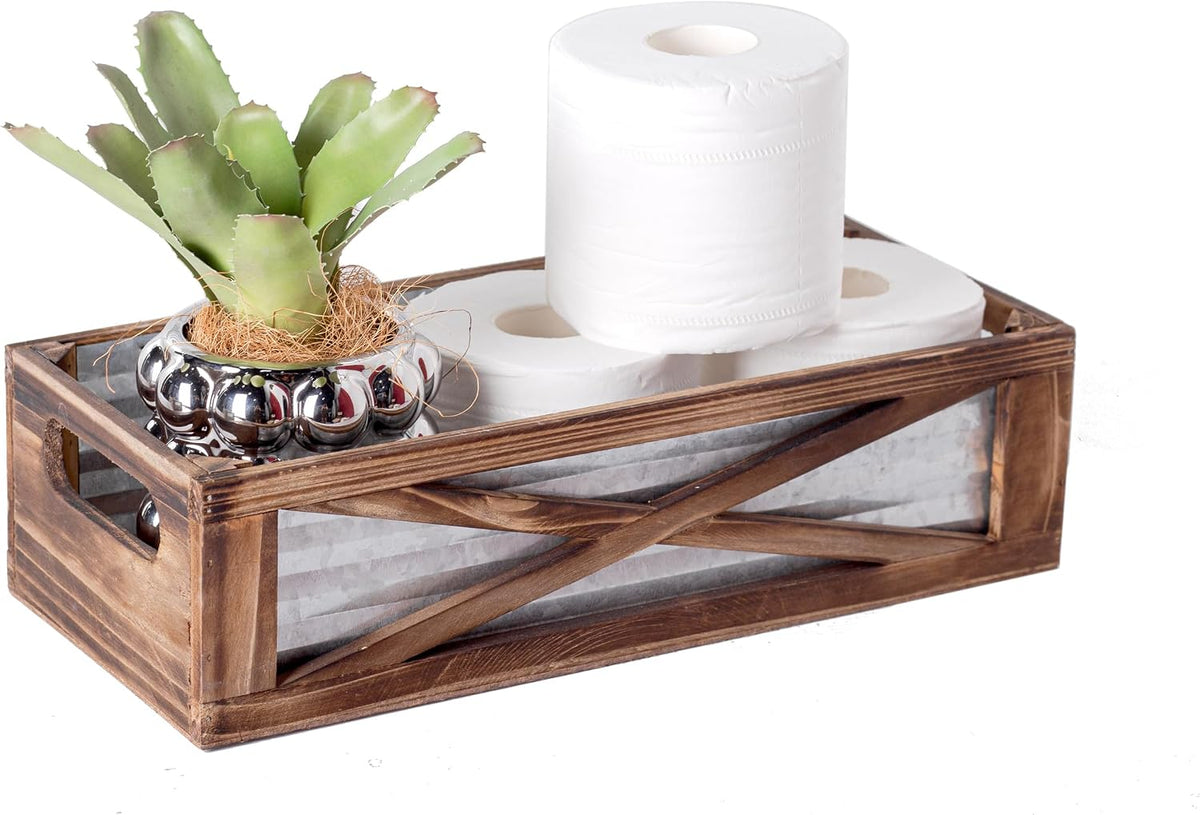 Wooden Toilet Tank Basket, Rustic Bathroom Decor Box, Farmhouse Toilet Paper Organizer Holder, Decorative Bathroom Storage Basket, Barn Door (Brown)