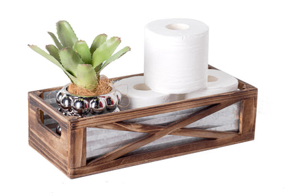 Wooden Toilet Tank Basket, Rustic Bathroom Decor Box, Farmhouse Toilet Paper Organizer Holder, Decorative Bathroom Storage Basket, Barn Door (Brown)
