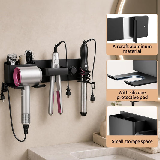 No-Drill Hair Dryer Holder Wall Mount with Storage Compartment for Bathroom