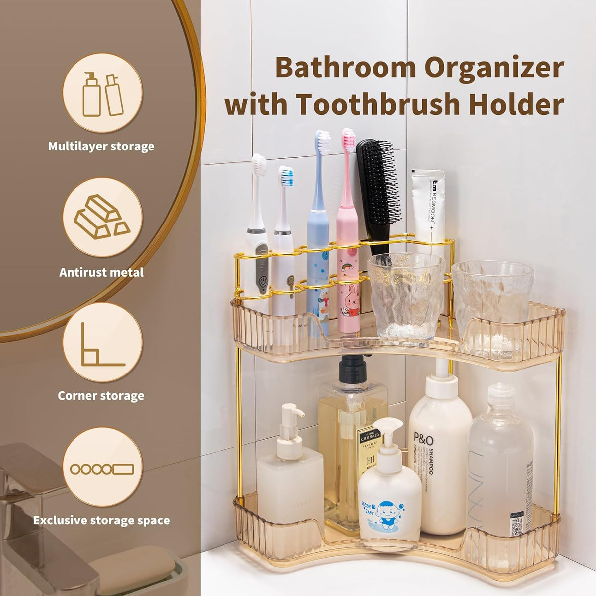 Makeup Organizer 2-Tier Bathroom Counter Organizer with Makeup Brush Holder