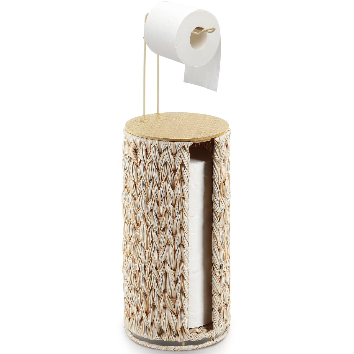 Graciadeco Stand Paper Storage with Lid Spare Extra 3 Rolls of Toilet Tissue Holder Free Standing Water Hyacinth Wciker Toilet Paper Organizer Basket for Bathroom