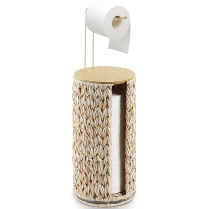 Graciadeco Stand Paper Storage with Lid Spare Extra 3 Rolls of Toilet Tissue Holder Free Standing Water Hyacinth Wciker Toilet Paper Organizer Basket for Bathroom