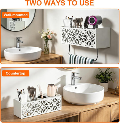 Hair Dryer Holder Wall Mounted with Stainless Steel Cups and Towel Bar
