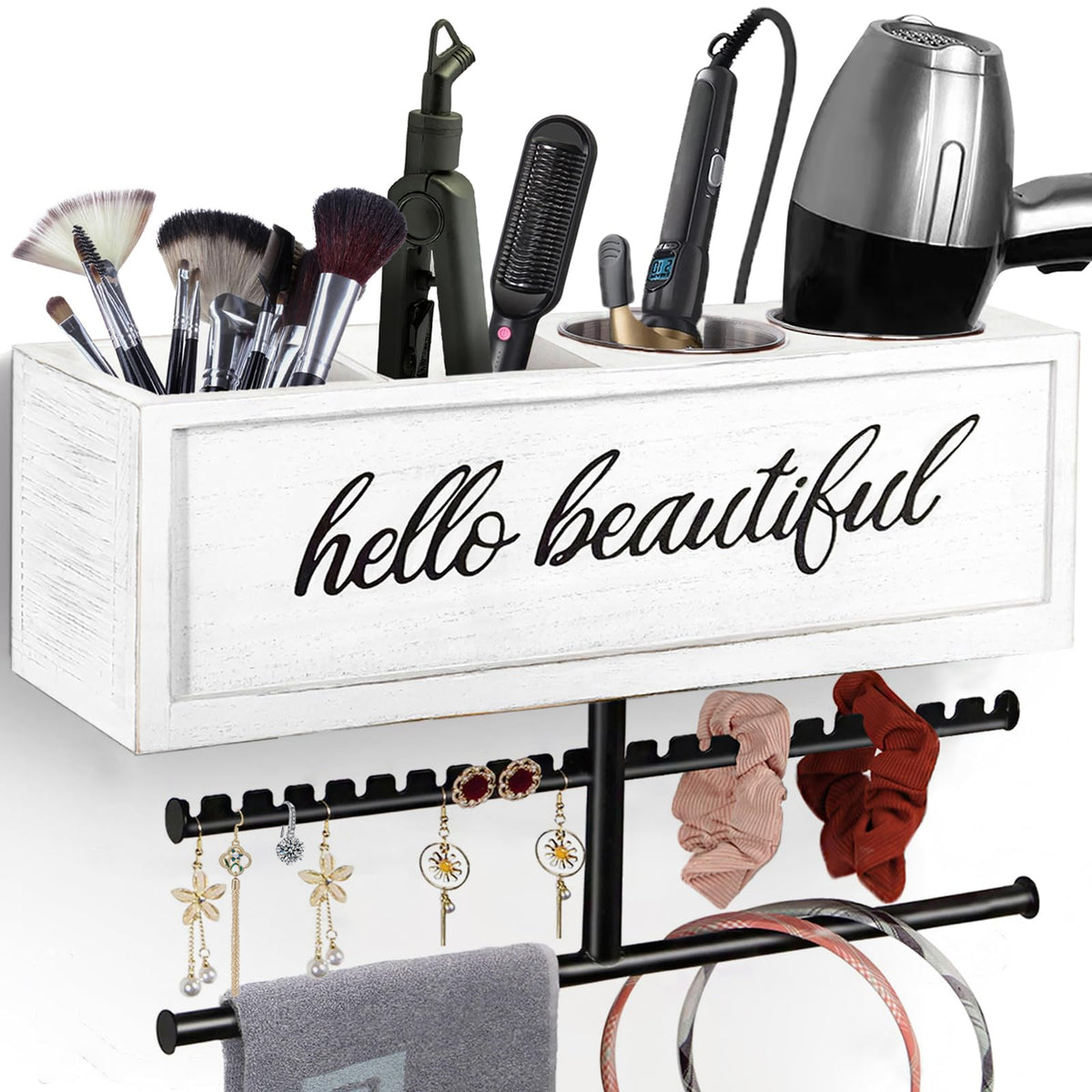 Rustic Hair Dryer Holder Wall Mounted,Hair Styling Tools & Accessories Organizer,Bathroom Supplies & hot Tools vanities Organizer Caddy,for Storage Flat Iron,Blow Dryer,Curling Iron (White)