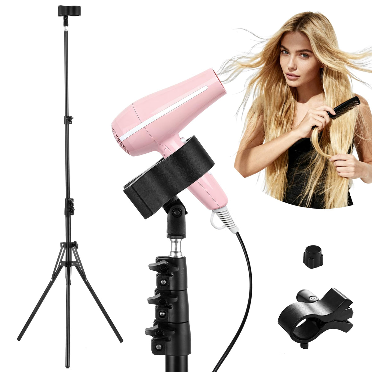 Hands-Free Hair Dryer Stand for Home Blow Drying, DIY Styling, Salon&Live Streaming Ideal for Long Hair Women Busy Moms People with Arm Shoulder Pain 30-62 Inch Adjustable Height Tripod, 360° Rotation