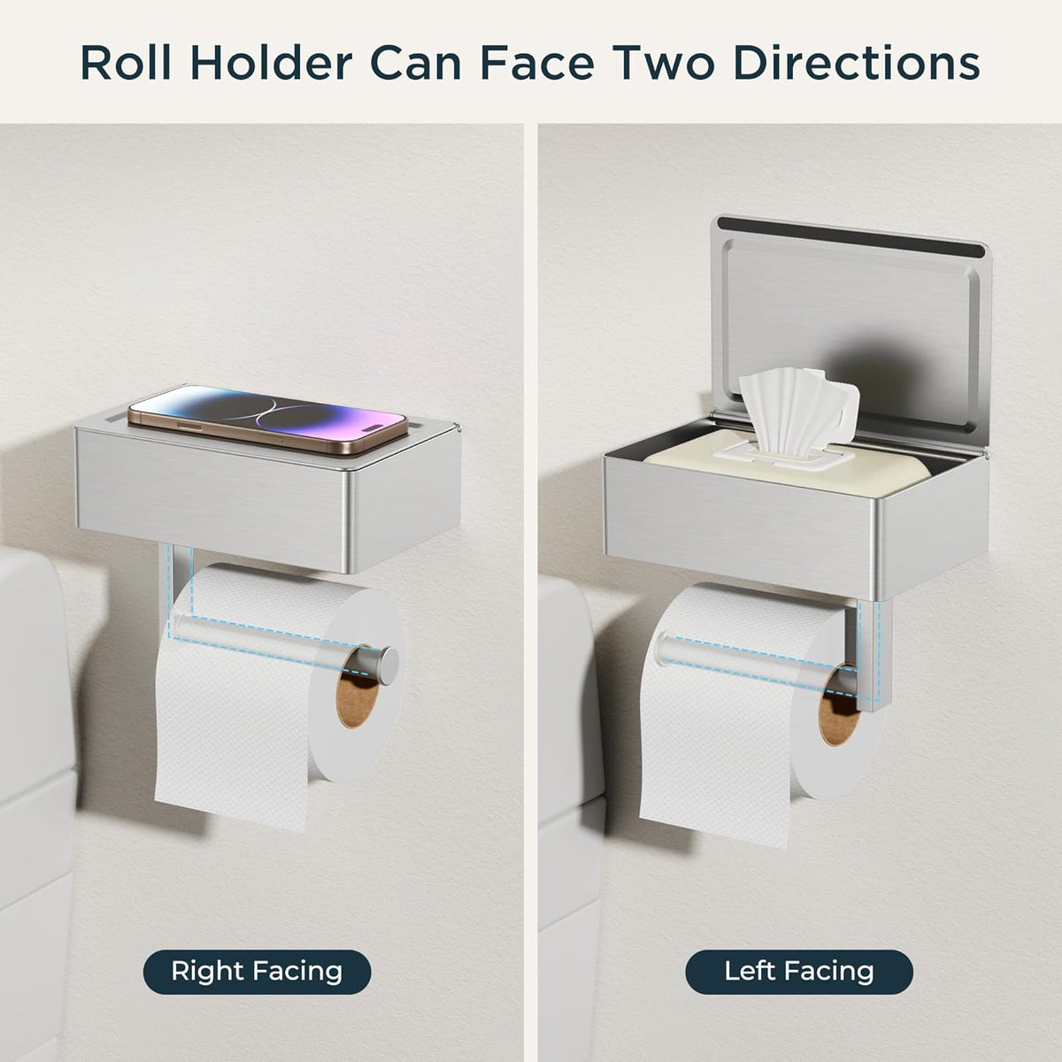 FORIOUS Toilet Paper Holder with Shelf, Wall-Mounted Modern Wipes Dispenser