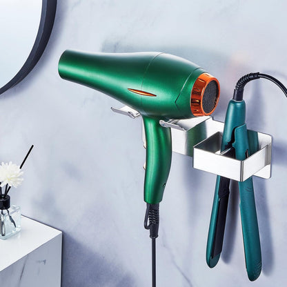 Hair Dryer and Straightener Holder Wall Mounted, Metal Adhesive Hair Tool Organizer for Blow Dryer, Curling Iron, Flat Iron, Bathroom Vanity Salon Barber Shops (Silver)