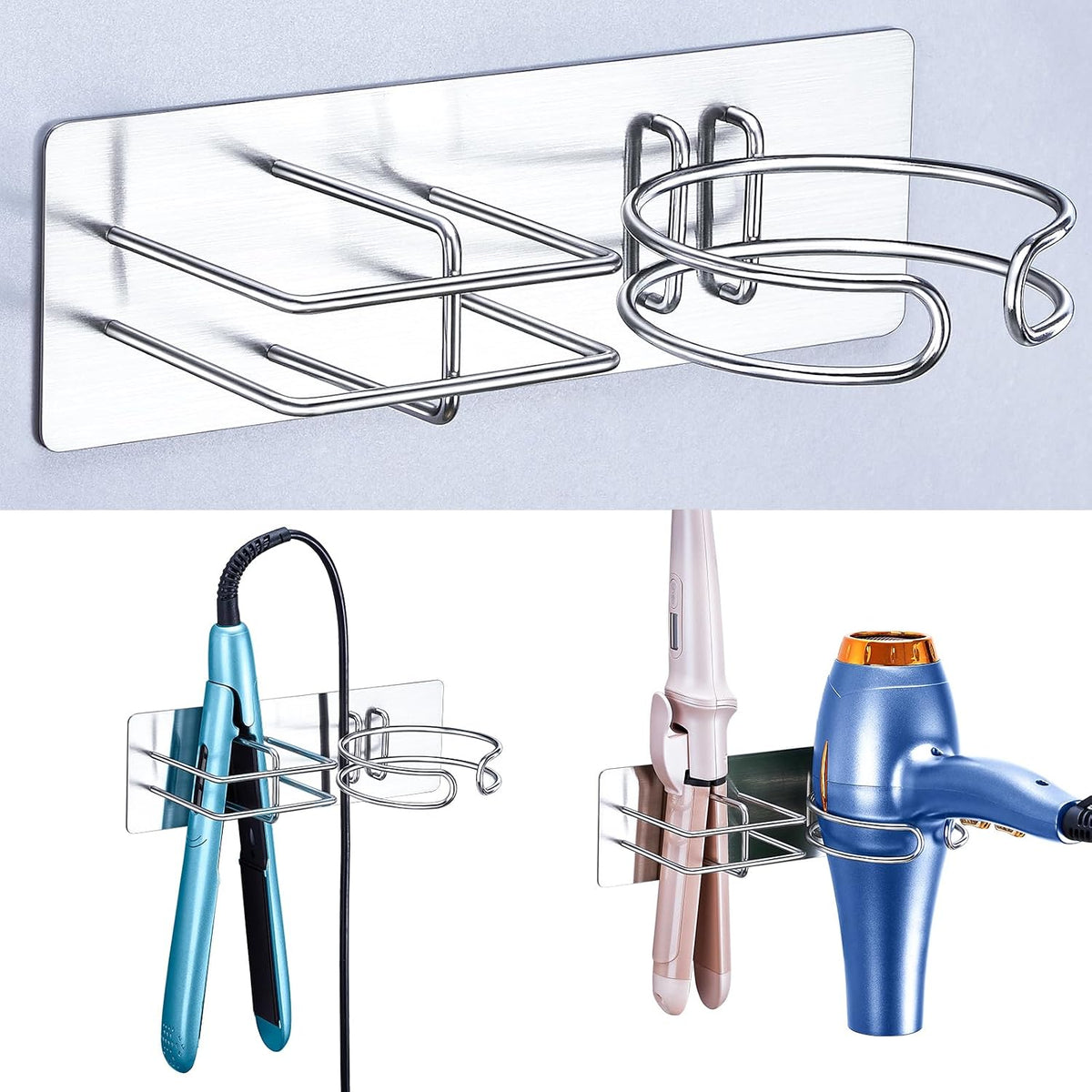 Blow Dryer and Straightener Holder, Metal Hair Dryer Holder Wall Mounted, No Drill Self Adhesive Hair Tool Organizer for Flat Iron, Hairdryer Holder for Bathroom Salon Vanity (Silver)