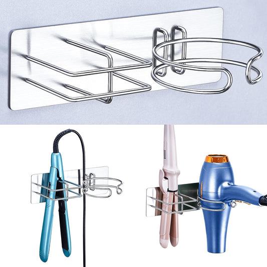 Blow Dryer and Straightener Holder, Metal Hair Dryer Holder Wall Mounted, No Drill Self Adhesive Hair Tool Organizer for Flat Iron, Hairdryer Holder for Bathroom Salon Vanity (Silver)