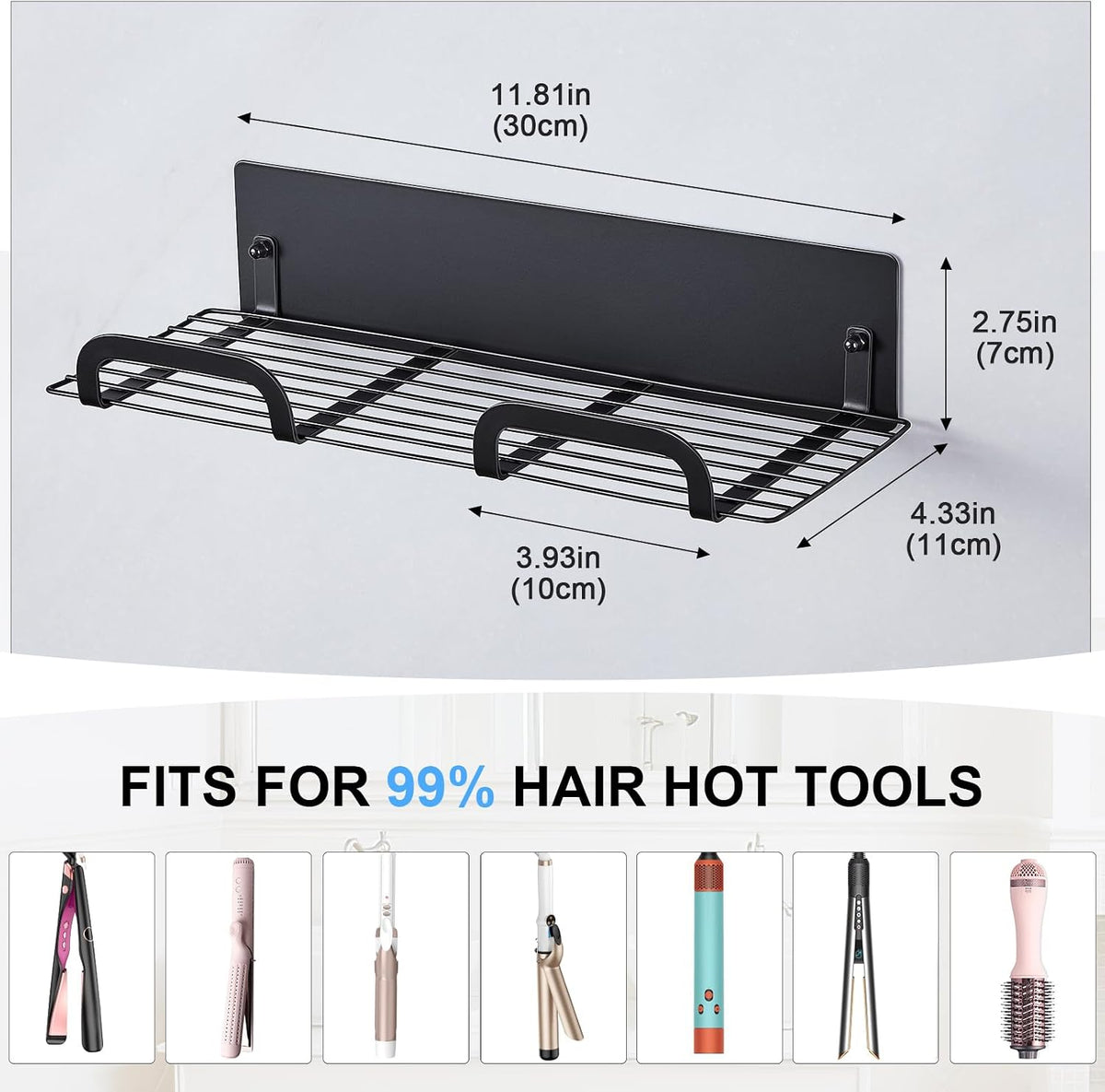 Straighteners Holder Wall Mounted Metal Hair Dryer Holder for Curling Wands Accessories Adhesive Curling Iron Holder Hair Tool Organizer for Vanity Bathroom Barber Shops (Black)