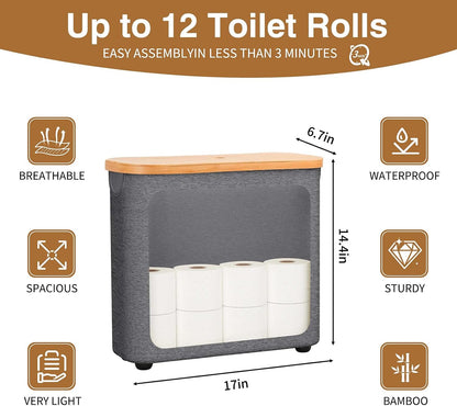 Toilet Paper Storage with Bamboo Lid,Foldable Basket Organizer for Bathroom, Holds 9 Mega/12 Regular Rolls, Waterproof Toilet Paper Holder Storage with Non-Slip Base,Gray
