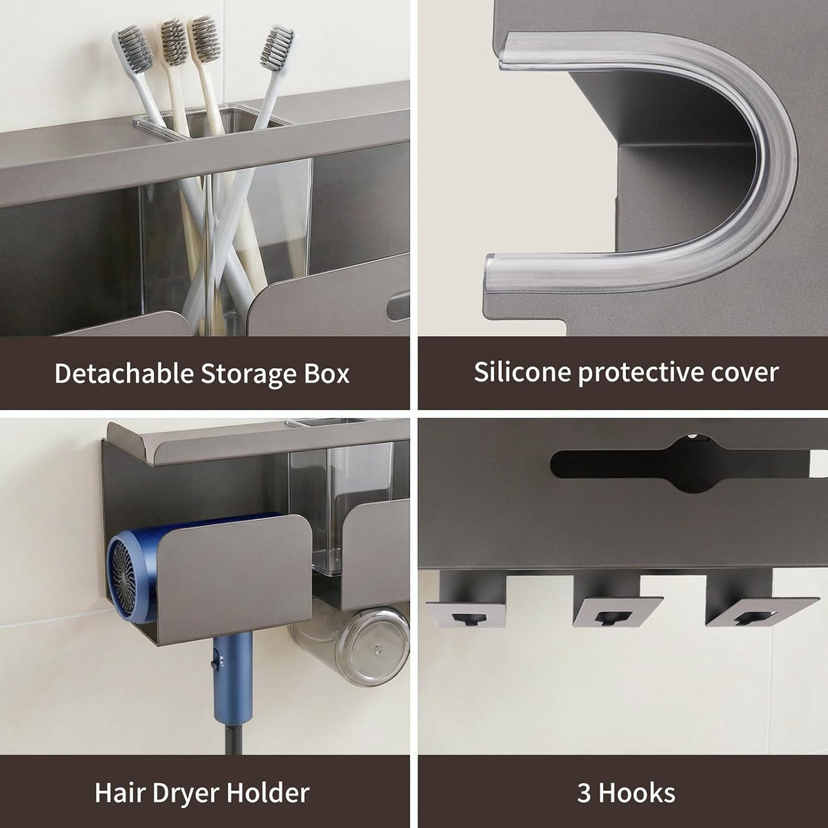 Hair Dryer Holder Wall Mount Metal,Adhesive/Drilling Bathroom Organizer with Shelf,Tissue Box&3 Free Cups,Rustproof Rack for Hair Styling Tools&Toothbrush,Grey