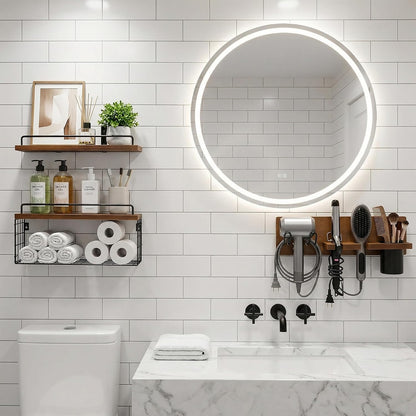 3-Tier Bathroom Floating Shelves with Hair Dryer Holder, Brown