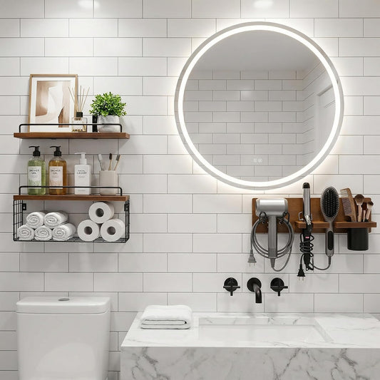 3-Tier Bathroom Floating Shelves with Hair Dryer Holder, Brown