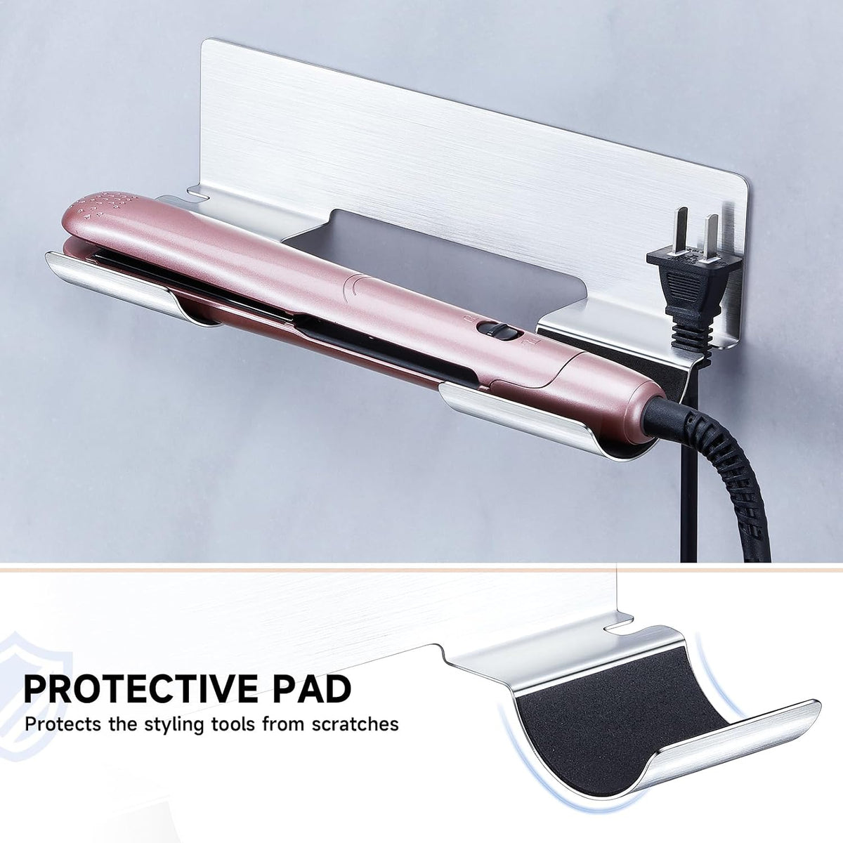 1PC Hair Straightener Holder Wall Mount Curling Iron Holder, Hair Dryer Holders for Wands & Styler Attachments, Flat Iron Holders Adhesive Hair Tool Organizer Vanity Bath Hair Tool Holder, Silver
