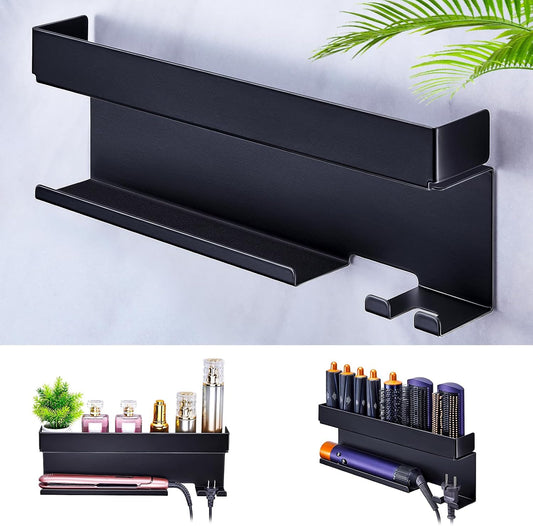 Blow Dryer Holder Wall Mounted Hair Straightener Holder, Blow Dryer and Curling Iron Holder for 7 in 1 Styler Attachments, Hair Dryer Holder, Bathroom Hair Tools Organizer (Black)
