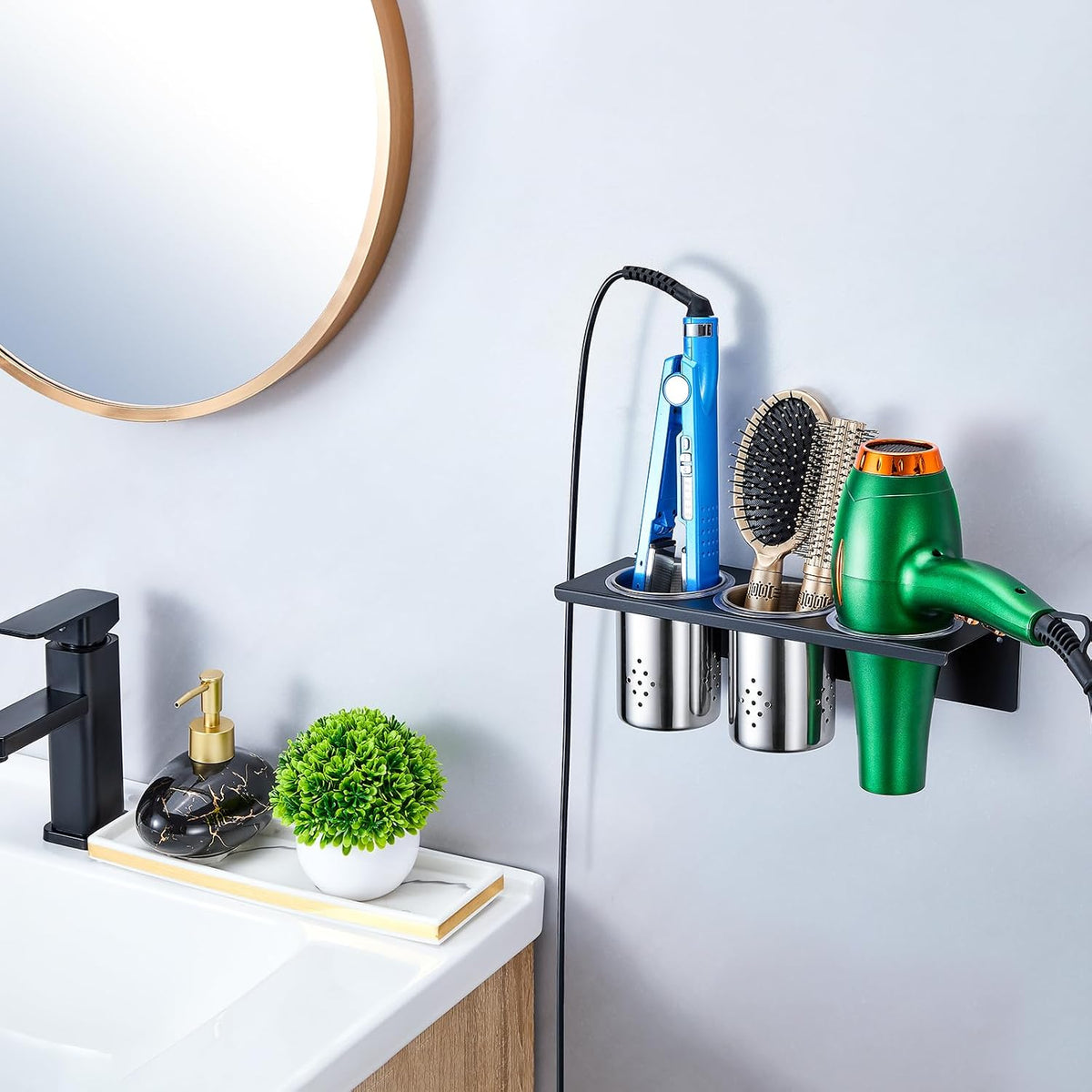 Wall Mount Hair Tool Organizer, 3-in-1 Blow Dryer Holder with 2 Cups for Curling Wand & Flat Iron & Brushes & Hair Straighteners, Hot Tool Holder Hair Dryer Holder for Bathroom Vanity (Black)