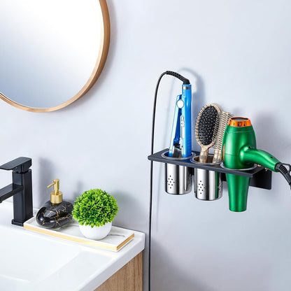 Wall Mount Hair Tool Organizer, 3-in-1 Blow Dryer Holder with 2 Cups for Curling Wand & Flat Iron & Brushes & Hair Straighteners, Hot Tool Holder Hair Dryer Holder for Bathroom Vanity (Black)