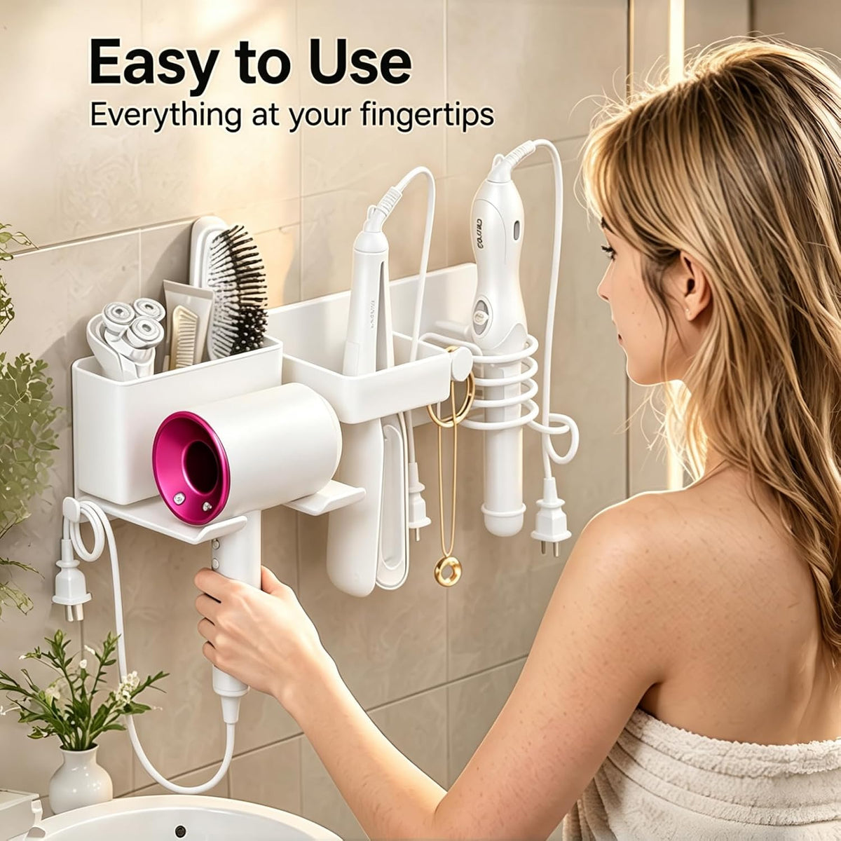 2026 Upgrade Hair Tool Organizer, 5 in 1 Hair Dryer Holder Wall Mounted & Adhesive, Metal Blow Dryer Holder, Curling Iron Holder & Flat Iron Organizer Rack, Waterproof & rustproof, Easy installation