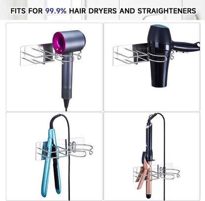 Blow Dryer and Straightener Holder, Metal Hair Dryer Holder Wall Mounted, No Drill Self Adhesive Hair Tool Organizer for Flat Iron, Hairdryer Holder for Bathroom Salon Vanity (Silver)