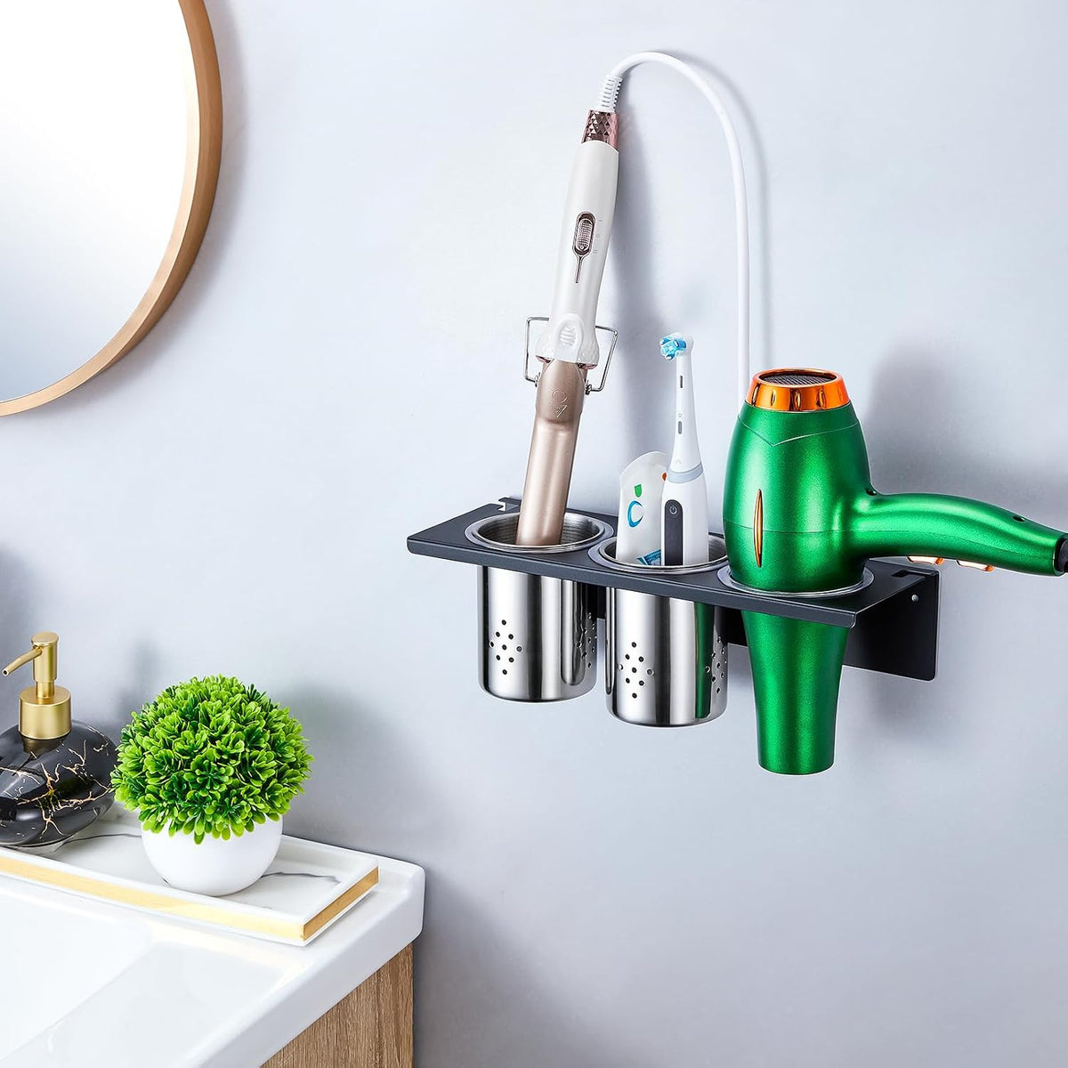Wall Mount Hair Tool Organizer, 3-in-1 Blow Dryer Holder with 2 Cups for Curling Wand & Flat Iron & Brushes & Hair Straighteners, Hot Tool Holder Hair Dryer Holder for Bathroom Vanity (Black)
