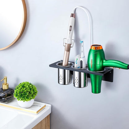 Wall Mount Hair Tool Organizer, 3-in-1 Blow Dryer Holder with 2 Cups for Curling Wand & Flat Iron & Brushes & Hair Straighteners, Hot Tool Holder Hair Dryer Holder for Bathroom Vanity (Black)