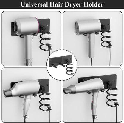 Tindbea Hair Dryer Holder + Curling Iron Holder,Blow Dryer Holder Wall Mount, Bathroom Hair Tool Organizer Rack for Universal Dryer Matte Black