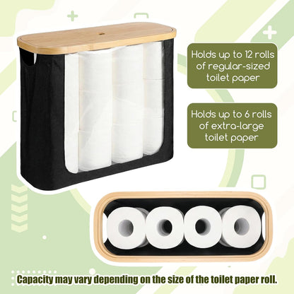 Toilet Paper Storage with Bamboo Lid, Toilet Paper Basket, Bathroom Storage Organizer with Bamboo Lid Holds Up to 9 Mega or 12 Regular Size Rolls, Black