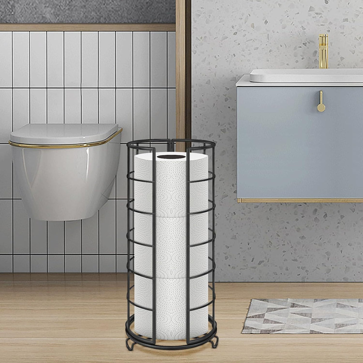 NearMoon Toilet Paper Organizer Stand, Free Standing 3 Rolls Tissue Storage, Metal Bathroom Accessory, Rustproof Toilet Roll Holder for Kitchen Countertop Inside Cabinet Shelf(Metal Base, Matte Black)