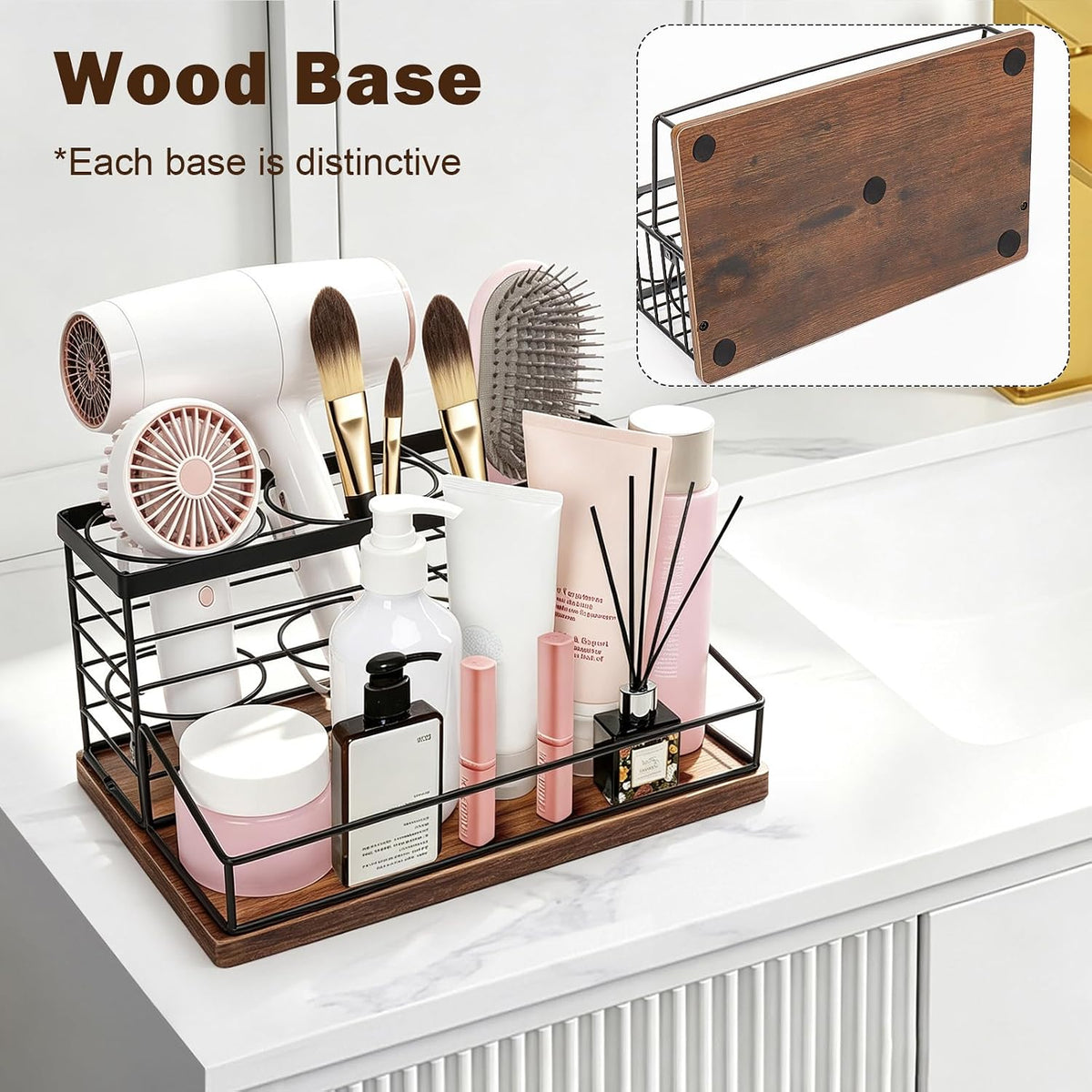 Hair Tool Organizer, Movable Hair Dryer Holder, Hair Styling Tools Storage for Vanity, Bath Counter Organizer, Bathroom Trays for Hair Toiletry, Makeup (12" x 7.7" x 5.8", Wood-Black)