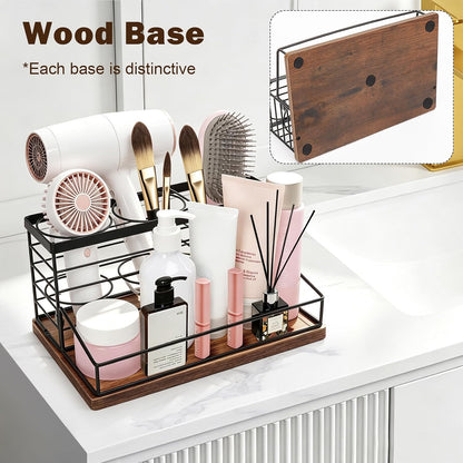 Hair Tool Organizer, Movable Hair Dryer Holder, Hair Styling Tools Storage for Vanity, Bath Counter Organizer, Bathroom Trays for Hair Toiletry, Makeup (12" x 7.7" x 5.8", Wood-Black)