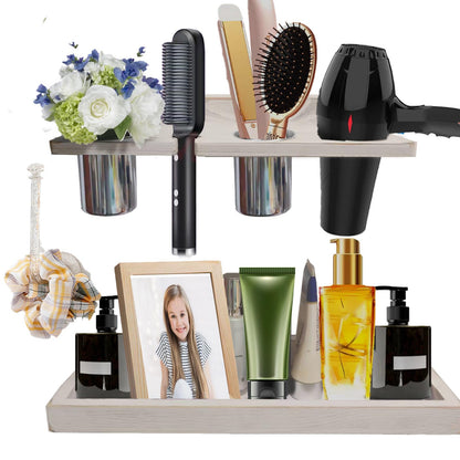 Hair Tool Organizer Wall Mount Holder, 2 Layer Rustic Blow Dryer Holder, Hair Product Wooden Storage Shelf for Hair Dryer, Curling Iron, Hot Tools, Vanity Accessories, Makeup, Toiletries(Dark Brown)
