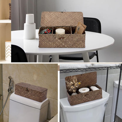 Hipiwe 3 Sections Toilet Tank Paper Basket with Lid Wicker Bathroom Basket