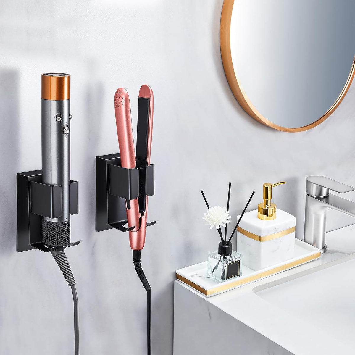 Curling Iron Holder Wall Mount, Hair Straightener Holder, Adhesive Hair Tool Organizer Storage for Styler Attachments, Flat Iron, Blow Dryer Holder for Bathroom Vanity (Black, 1Pc)
