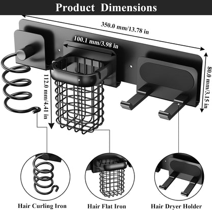 Tindbea Upgraded Aluminum Alloy Hair Dryer Holder Wall Mounted with Built-in Cord Wrap,3-in-1 Hair Tool Organizer for Blow Dryer, Curling Iron, and Straightener, Matte Black