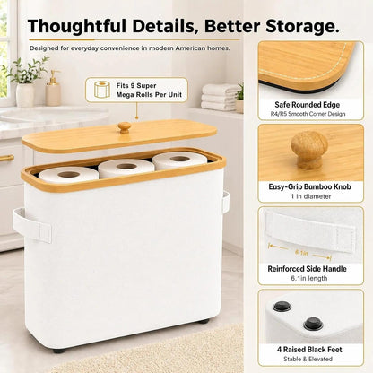 Premium Waterproof Toilet Paper Storage Box with Bamboo Lid - Fits 9 Mega Rolls, 900D Heavy-Duty Fabric Bathroom Organizer Bin with Elevated Base & Handles for Narrow Spaces (17.3"x 6.9"x 15.5")