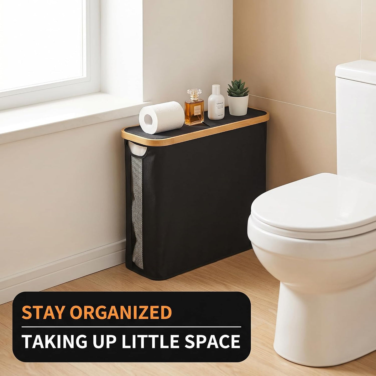 SENMOK 12-Roll Toilet Paper Storage with Lid, Bamboo Frame,Black