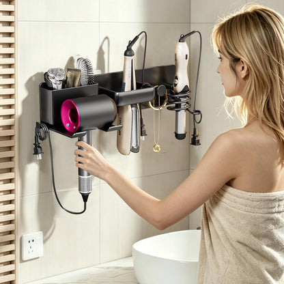 5 in 1 Hair Dryer Holder Hair Tool Organizer Metal Wall Mount (Black)