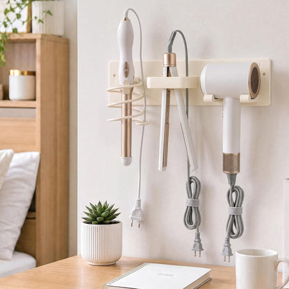Hair Dryer Holder Wall Mount No Drill, 3 in 1 Curling Iron Holder & Flat Iron Holder, Heat Resistant Bathroom Hair Tool Organizer, White