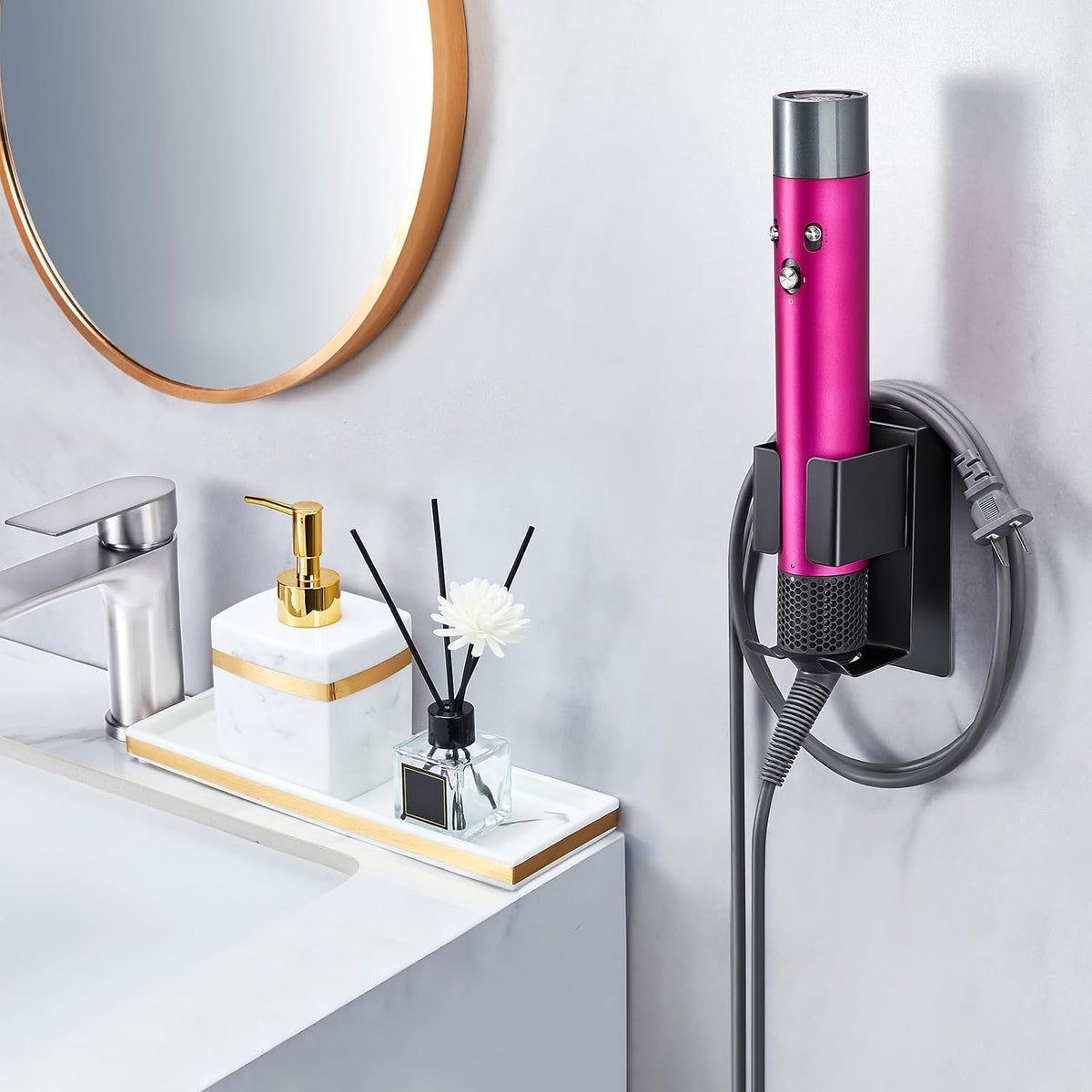 Curling Iron Holder Wall Mount, Hair Straightener Holder, Adhesive Hair Tool Organizer Storage for Styler Attachments, Flat Iron, Blow Dryer Holder for Bathroom Vanity (Black, 1Pc)