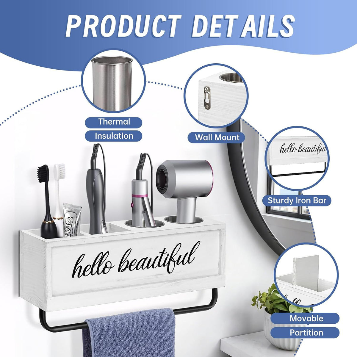 Hair Dryer Holder Wall Mounted, Hair Tools and Styling Organizer with Towel Bar, Farmhouse Beauty Hair Appliance Holder for Flat Iron, Curling Wand, Towel Rack (White)