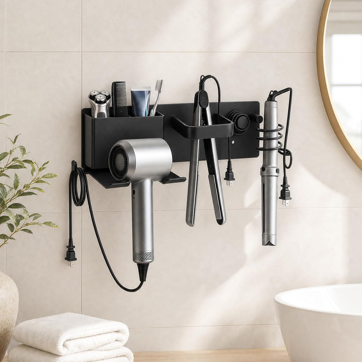 Hair Dryer Holder Wall Mount with 2 Storage Compartments, Aerospace Aluminum Blow Dryer Curling Iron Flat Iron Holder, No Drill Adhesive Bathroom Hair Tool Organizer, Heat Resistant (Black)