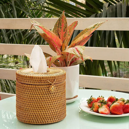 2Pcs Rattan Tissue Box Toilet Paper Cover Wicker Decorative Holders with Lid for Storage Single Roll and Tissues