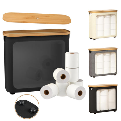 Toilet Paper Storage with Bamboo Lid,Foldable Basket Organizer for Bathroom, Holds 9 Mega/12 Regular Rolls, Waterproof Toilet Paper Holder Storage with Non-Slip Base,Gray